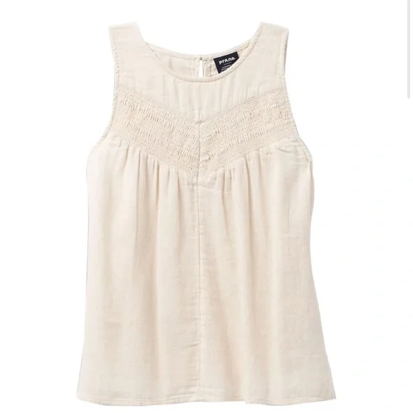 prAna Seakissed Tank Top Beige Organic Cotton Smocked Women’s M Boho - Picture 2 of 8